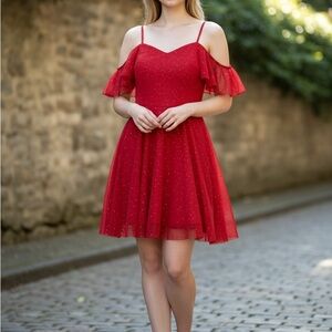 Red Cold-Shoulder Sparkle Midi Dress